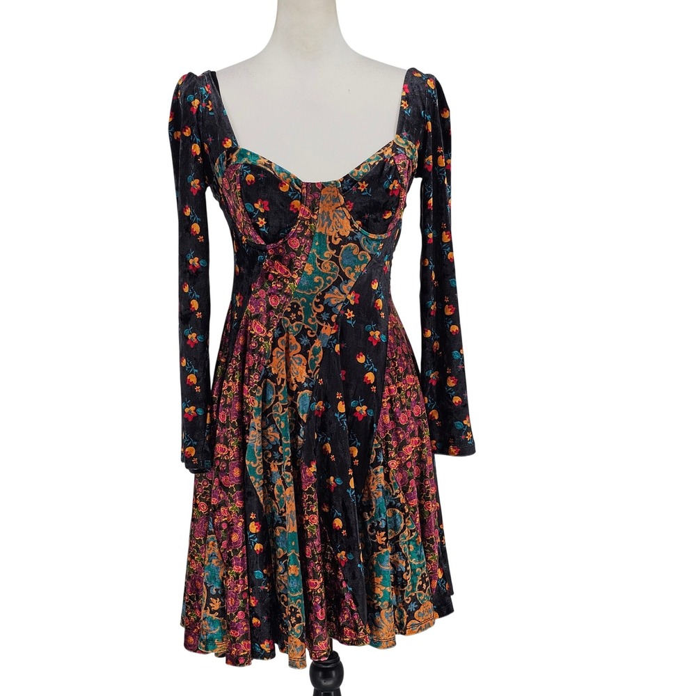 Free People Regina Floral Velvet Bustier Mini Dress XS Multicolor LS Patchwork